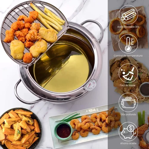 Vista 6 de cuomaop Olla para freidora, olla japonesa de acero inoxidable 304 con drenaje de aceite, control de temperatura y tapa, olla Tempura para cocina