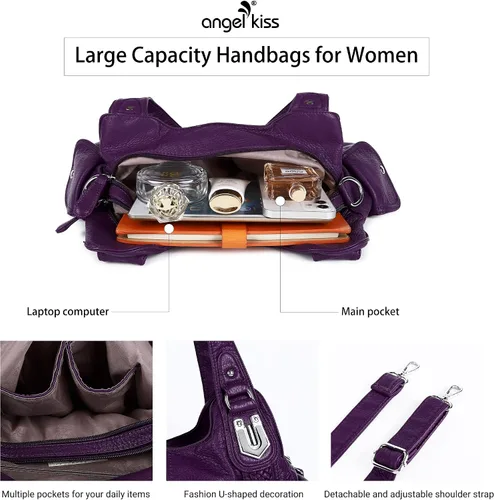Vista 4 de Angelkiss - Bolsos y bolsos de mano para mujer, de cuero vegano lavado, bolso cruzado estilo hobo