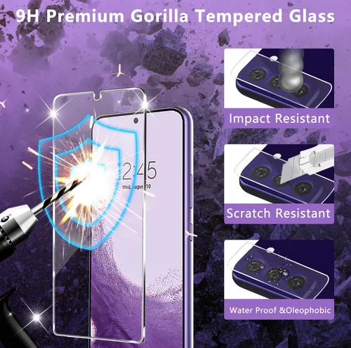 Vista 4 de Paquete de 3 protectores de pantalla para Galaxy S22, paquete de 3 protectores de lente de cámara con bandeja de fácil instalación, compatible