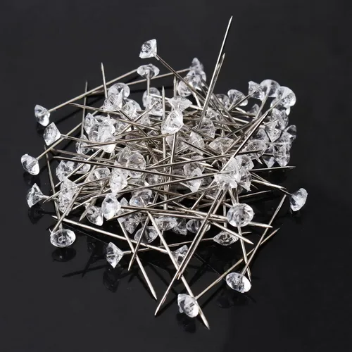 Vista 2 de 100 alfileres de flores, alfileres rectos de 1.5 pulgadas, alfileres de costura transparentes, alfileres de cabeza de diamante de cristal