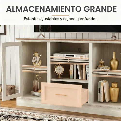 Vista 5 de Soporte de TV de granja para TV de 55/60/65 pulgadas, consola multimedia alta con 2 puertas de vidrio y 3 estantes ajustables, centro