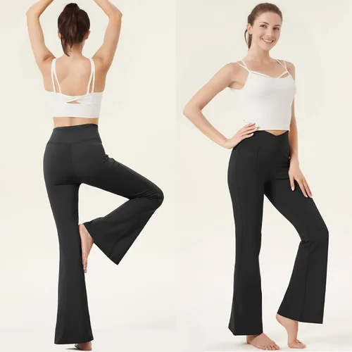 Vista 2 de Buauty Leggings negros acampanados, pantalones de yoga para mujer, pantalones acampanados negros, corte de bota, ropa casual de entrenamiento