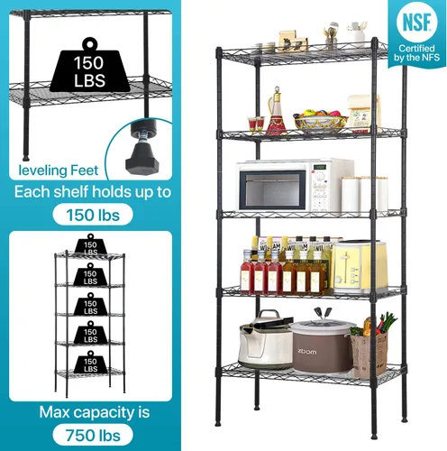 Vista 4 de Estantería de almacenamiento de 5 niveles, estante NSF ajustable en altura, estantes de alambre organizador de acero para lugares pequeños, cocina