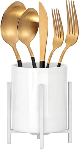 Vista 9 de Organizador de cerámica para cubiertos, soporte redondo para utensilios, soporte para utensilios de cocina para encimera, taza de cerámica con borde
