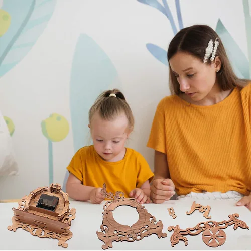 Vista 6 de OWNONE 1 Kit de modelo de reloj de madera 3D para adultos, reloj de escritorio de bricolaje, rompecabezas 3D de madera oscura, regalos