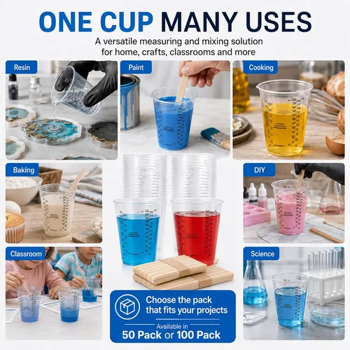 Vista 9 de Vasos medidores de plástico con varillas de mezcla, taza transparente de 8 onzas, paquete de 50 Tazas medidoras desechables con palos, mezcla