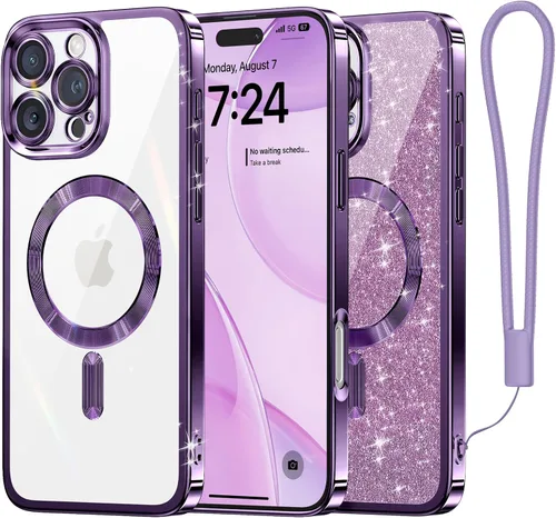 Vista 17 de Meifigno - Funda diseñada para el iPhone 16 Pro de 6.3", [Tarjeta de purpurina y correa para la muñeca] [Compatible con MagSafe]