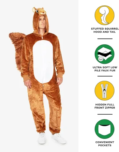 Vista 2 de Tipsy Elves Disfraz de ardilla de Halloween para hombre, mono de animal para adultos, piel sintética ultra suave con capucha y cola de peluche