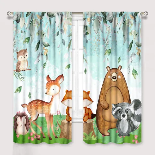 Vista 37 de YCness Cortinas para niños y niñas, diseño de animales de la selva, bosque de otoño, dibujos animados, ciervos, conejos, zorros, búhos, cortinas