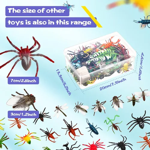 Vista 2 de Gejoy 75 piezas de insectos falsos de plástico, varios insectos, figuras realistas de insectos espeluznantes al azar con caja de almacenamiento