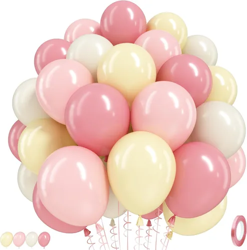 Vista 25 de Globos rosa y dorado, globo de látex rosa claro pastel de 12 pulgadas y blanco arena perla con globo metálico dorado champán beige para princesas