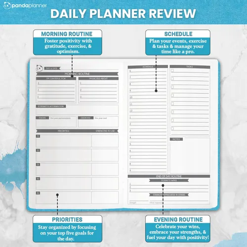 Vista 2 de Panda Planner - Agenda diaria sin fecha, organización de 90 días, productividad y felicidad basada en fortalezas VIA, establece objetivos, agenda