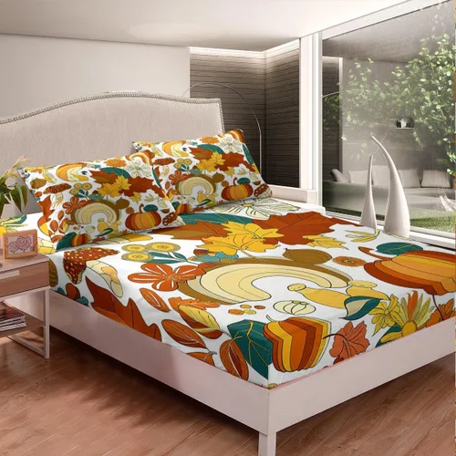 Vista 2 de Juego de sábanas ajustadas estilo 70s hippie retro para cama individual, juego vintage de otoño con hojas florales para niños y niños, juego de ropa