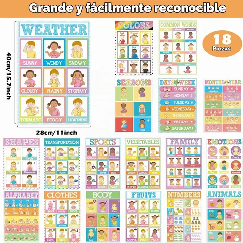 Vista 2 de Póster de lenguaje de señas ASL de 18 piezas para aula, carteles ASL, tarjetas flash de lenguaje de señas para niños pequeños, estudiantes