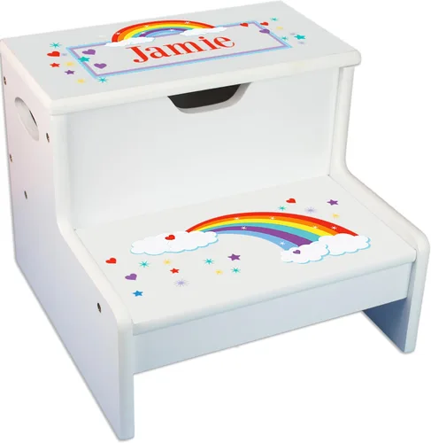 Vista 13 de Taburete para niños con guirnalda floral rosa y gris con almacenamiento (guirnalda de mariposas brillantes)