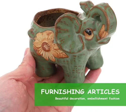 Vista 7 de Veemoon Maceta pequeña de cerámica con elefante, bonitas macetas de animales suculentas, soporte para plantas de aire, recipiente de cactus verde