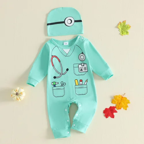 Vista 6 de Baby Halloween Costumes Long Sleeve Romper with Hat 0-24M Green