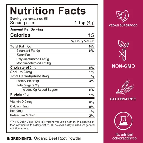 Vista 9 de Polvo orgánico de raíz de remolacha – crudo, sin OMG, vegano, superalimento sin gluten para batidos, jugos y hornear Colorante alimentario rojo