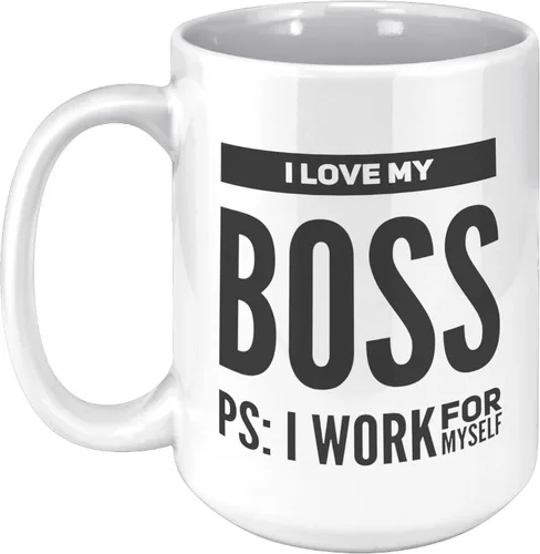 Vista 9 de Taza de café con texto en inglés "I Love My Boss PS I Work For Mysel", regalos para jefes, divertida, sarcástica, empresario, compañero de trabajo