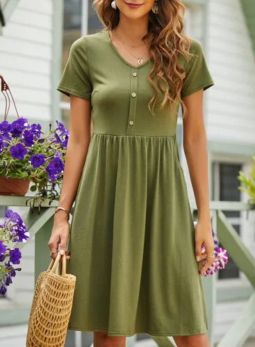 Vista 3 de YATHON - Vestidos de verano para mujer con mangas, de algodón, con cuello en V, botones y bolsillos, de corte acampanado, estilo casual