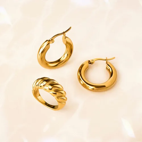Vista 50 de Aretes de aro gruesos de oro para mujer, chapados en oro de 14 quilates, aretes de aro triple, hipoalergénicos, a la moda, aretes de aro gruesos