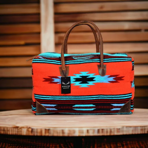 Vista 6 de Southwestern Boho Aztec Large Weekender Duffel Bag Handwoven 100% Leather Handles (Sedona)