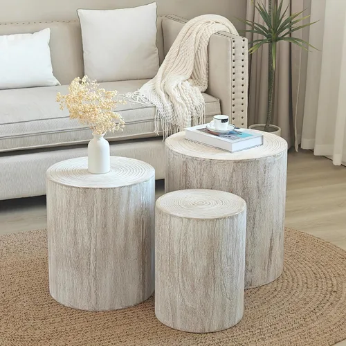 Vista 22 de Mesa auxiliar redonda pequeña, moderna mesa auxiliar anidable de madera para sala de estar, sin montaje, color beige S1-beige