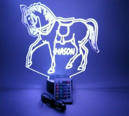 Vista 9 de MIRROR MANIA Lámpara LED de luz LED con nombre personalizado, luz nocturna grabada para caballos corriendo, jinete, semental, lámpara de mesa – It's