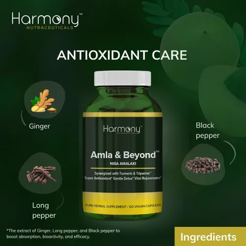 Vista 3 de Harmony Nutraceuticals Amla & Beyond™ (Nisa Amalaki) Fórmula tradicional de hierbas ayurvédicas con amla, cúrcuma y triperina™, vegetariana, 120