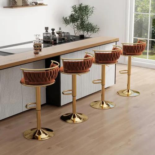 Vista 48 de Juego de 2 taburetes de bar giratorios de 360°, silla de bar de terciopelo ajustable a altura de mostrador moderna, taburete de metal plateado