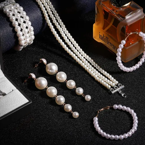 Vista 5 de Conjunto de joyas de perlas para mujer, collar de gargantilla de perlas de imitación de múltiples capas, pulsera elástica de perlas, aretes largos