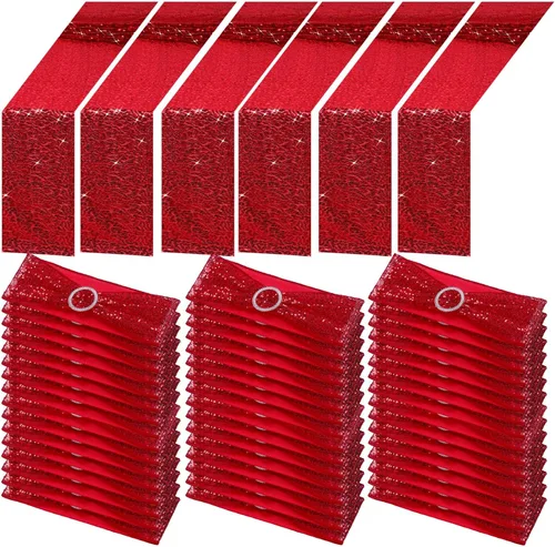Vista 10 de Newwiee 54 cintas de lentejuelas negras para sillas y caminos de mesa, 48 lazos de lentejuelas para silla, 6 caminos de mesa con purpurina