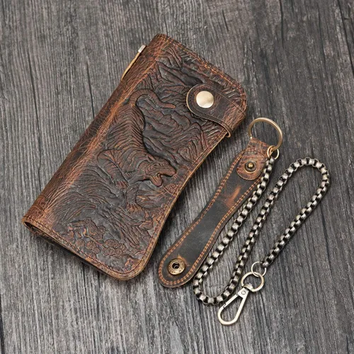 Vista 7 de LUUFAN Cartera larga de cuero genuino para hombre billetera plegable grabada