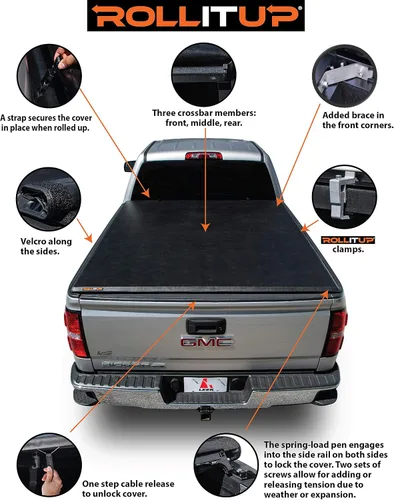 Vista 3 de LEER ROLLITUP Compatible con GM Chevy Silverado/GMC Sierra 2019-2023 con caja de 78 pulgadas Cubierta Tonneau suave enrollable 4R301 Perfil