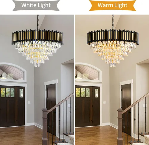 Vista 8 de Candelabro moderno de cristal negro y dorado de 15 luces para comedor, sala de estar, redondo, 6 niveles, contemporáneo, colgante de techo, lámpara