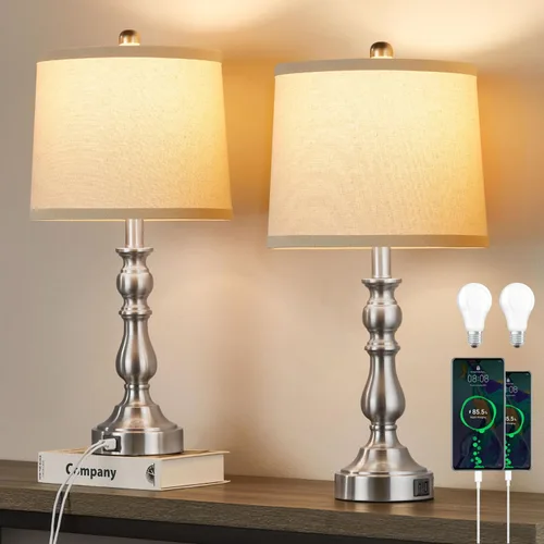 Vista 13 de Juego de 2 lámparas de mesa de granja de 23 pulgadas para sala de estar, con puertos USB C+A, lámpara de noche retro para dormitorio, oficina, negro