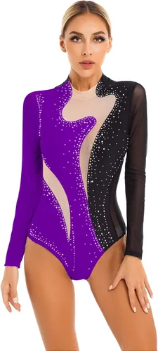 Vista 31 de iiniim Leotardo de malla para mujer, con diamantes de imitación, de malla, de manga larga, leotardos de gimnasia