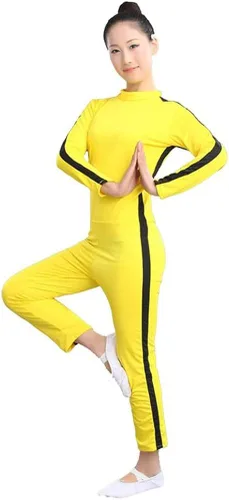 Vista 2 de ALFEEL Disfraz de una pieza para adultos y niños uniforme amarillo de kungfu disfraz de Halloween