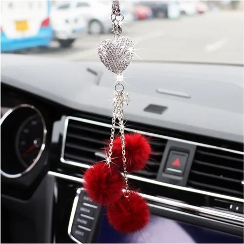 Vista 14 de Ziciner Accesorios de Interior de Coche con Diamantes Brillantes en Forma de Corazón - Adorno Colgante de Corazón y Bola de Felpa Rosa, Encanto