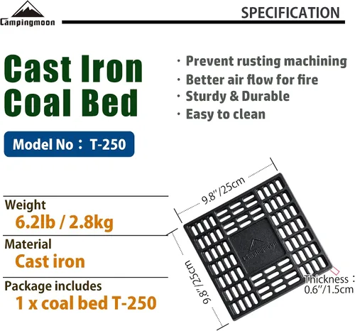 Vista 2 de CAMPINGMOON - Rejilla de carbón de 10 x 10 pulgadas con parte inferior de hierro fundido para fogatas de chimenea T-250