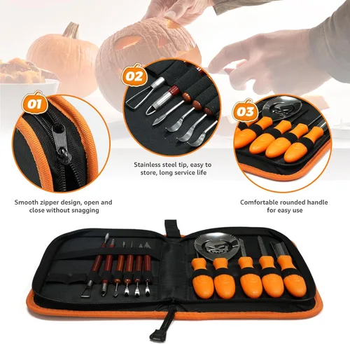 Vista 4 de Kit de 11 piezas de tallado de calabaza para adultos y niños con herramientas de escultura de detalles profesionales, juego de cuchillos de acero
