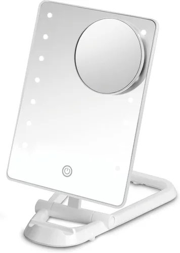 Vista 8 de Conair Espejo de maquillaje iluminado, espejo de maquillaje de viaje, base ajustable, funciona con pilas en azul marino