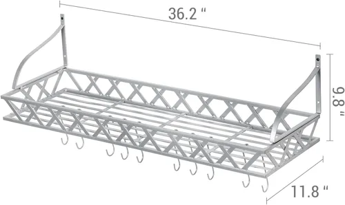 Vista 5 de MyGift Estante para ollas y sartenes de cocina de metal plateado montado en la pared con 12 ganchos en S extraíbles, almacenamiento de utensilios