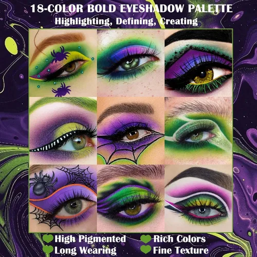 Vista 4 de Paleta de Sombras de Ojos Gótica Verde Morada - 18 Colores Mate Brillante Metálico Brillante y Oscuro Sombras de Ojos Góticas Ahumadas