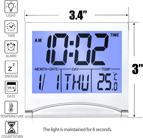 Vista 2 de Betus Reloj despertador digital de viaje con retroiluminación blanca, calendario plegable, temporizador de temperatura, reloj LCD con modo