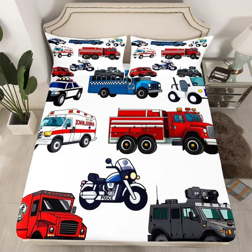 Vista 2 de Erosebridal Juego de sábanas de coche de policía para niños, tamaño individual, camión de bomberos, ambulancia, juego de sábanas de dibujos animados