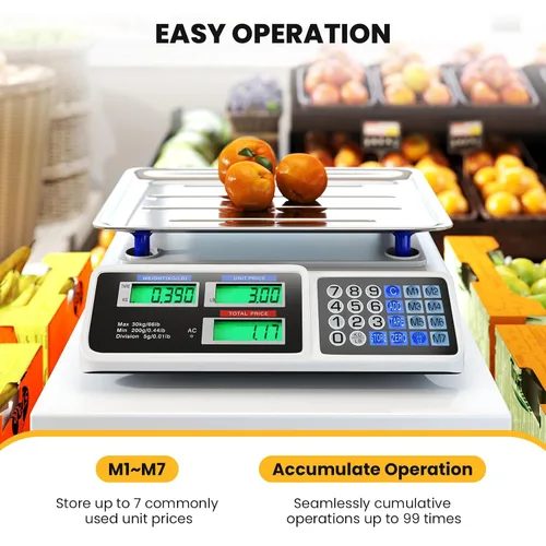Vista 5 de Giantex Báscula de cálculo de precios 66 lb/30 kg, báscula comercial recargable de alimentos con pantalla LCD doble, plataforma de acero inoxidable
