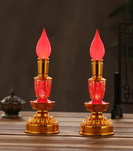 Vista 7 de Lámpara de vela china retro LED estilo vintage nostálgico antiguo estilo chino suministros budistas - 1 par Rojo