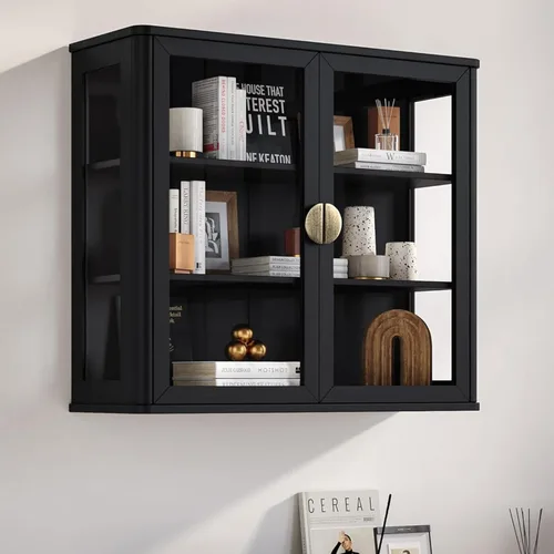 Vista 10 de NEWOWNDS Gabinete de Almacenamiento de Pared con Vitrina de Vidrio Templado Negro, Gabinete de Pared para Baño, Gabinete Montado en la Pared