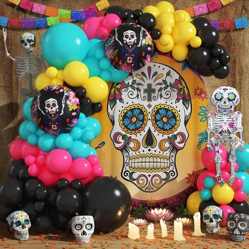 Vista 16 de Kit de arco de globos de Halloween, globos de esqueleto blanco y negro para decoración de Halloween, guirnalda de globos con estrella de explosión